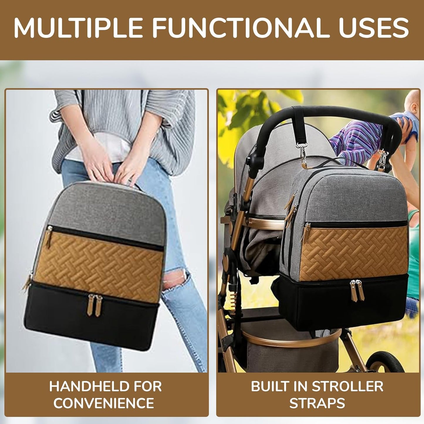 Village of Many Baby Diaper Bag Backpack -Multi-Function Waterproof Baby Bag,Medium Capacity Maternity Backpack with Insulated Pockets-Stylish&Durable Diaper Bag-Unisex,Gifts for Mothers (Black&Brown)