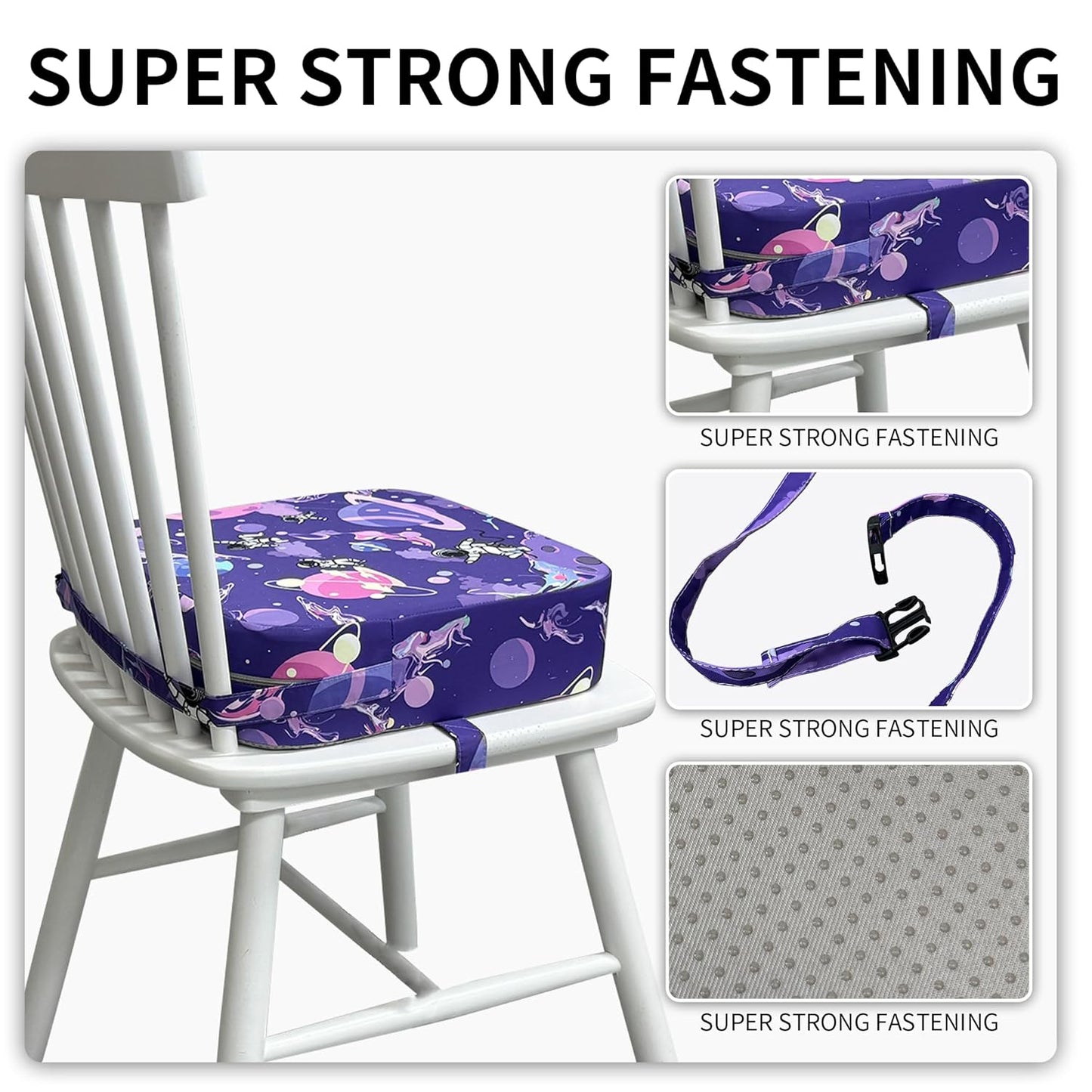 Toddler Booster Seat for Kitchen Chair, 3.5" Oxford Foam Cushion, Non-Slip Base, Adjustable Straps, Portable Dining Booster for Self-Feeding Toddlers at Home or on The Go (Purple Starry Sky)
