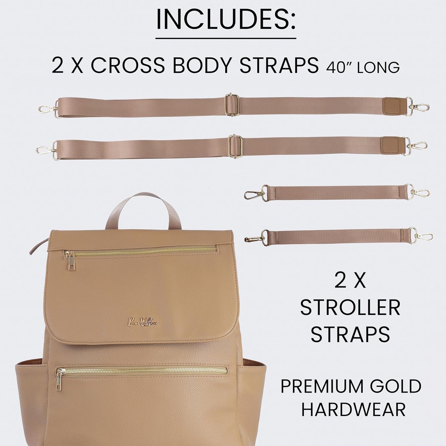 Premium Vegan Leather Diaper Bag Backpack – Large Designer Baby Bag, Stylish Diaper Backpack with Stroller & Crossbody Straps & Multiple Compartments (Tan Brown)