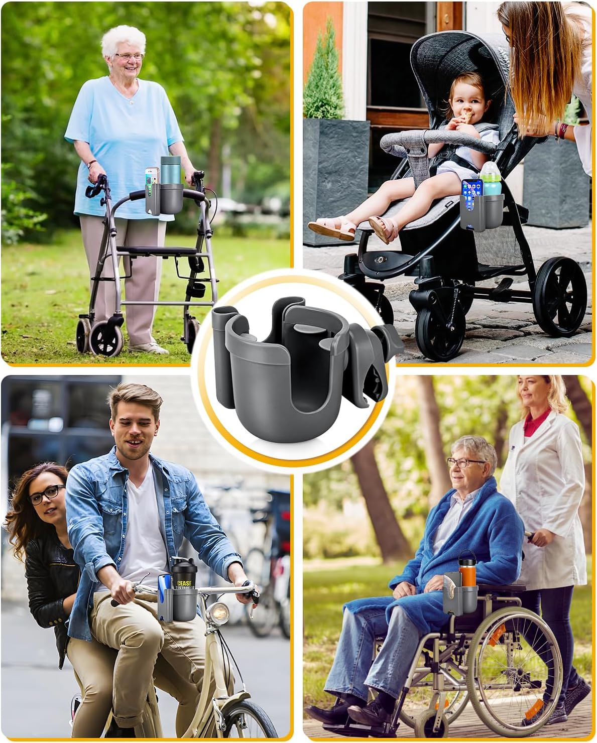 Universal Stroller Cup Holder with Mobile Phone Case, 2-in-1 Strollers Storage Rack, 360 Degrees Rotation Drink Holder for Bike, Pushchair, Wheelchair, Walker,Bicycle, Fits Most Cups (Gray)