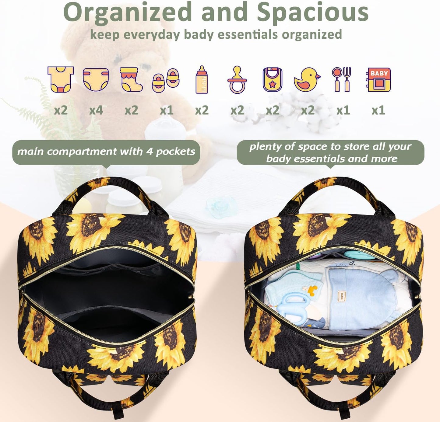 Diaper Bag Backpack,Baby Essentials Diapers Bag with Pacifier Case,Multipurpose Stylish Large Capacity Travel Backpack for Baby Girl/Boy(M-Sunflower)