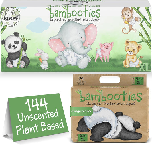 Bamboo Baby Diapers, Totally Chlorine Free for Sensitive Skin for Newborns to XXL. Hypoallergenic & Non Toxic Eco Friendlier Plant-Based Materials. TCF XL Size 5 Diapers (144 ct)