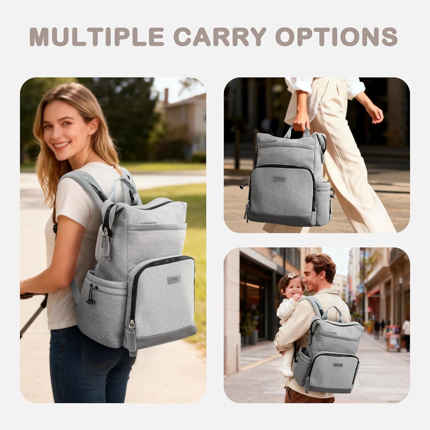 VONAL Neoprene Diaper Bag Backpack with Changing Pad, 33L Large Capacity Neoprene Backpack Baby Diaper Bag with Insulated Pockets, Travel Diaper Backpack Baby with 12 Pockets for Mom & Dad, Gray