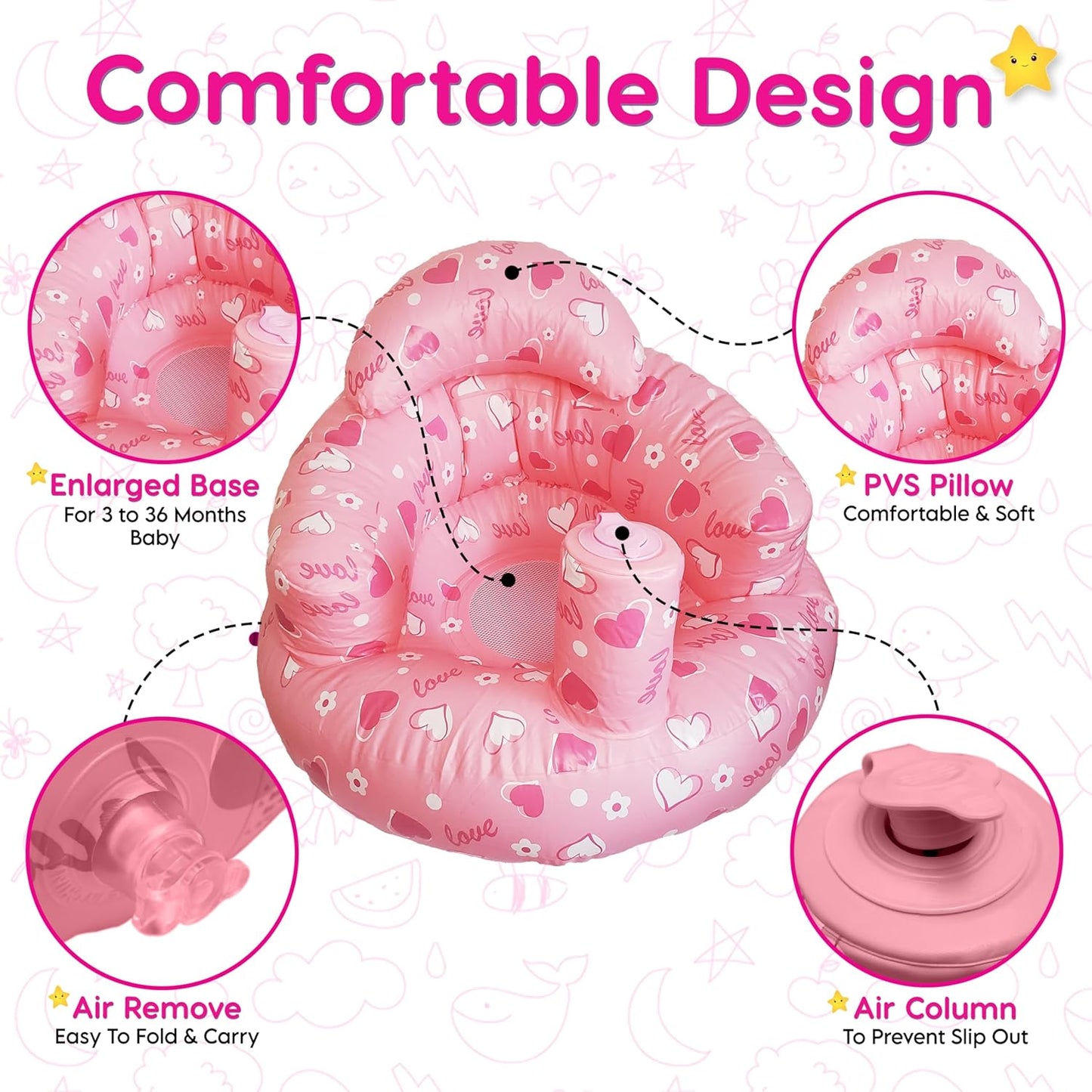 Inflatable Baby Sit-Up Seat – Portable Floor Chair for Sitting Support – Soft Baby Chair for Infants 3–12 Months – Travel-Friendly, Lightweight, Easy to Inflate & Store (Pink)