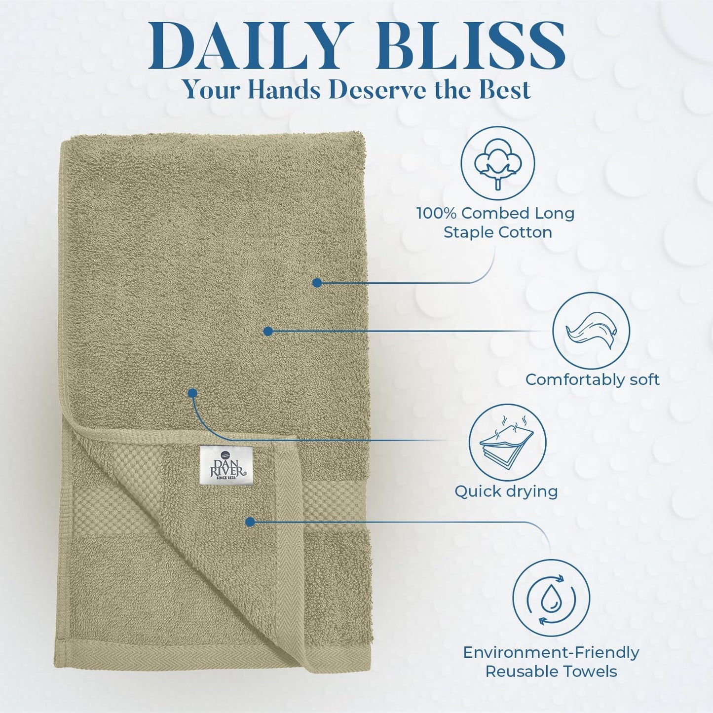 DAN RIVER 6-Pack Premium Hand Towels (16x28 Inches) - 100% Cotton, Ultra Soft, Lightweight, Highly Absorbent Towels for Bathroom, Spa, Gym, Salon, Hotel, and Travel - 550 GSM – Beige