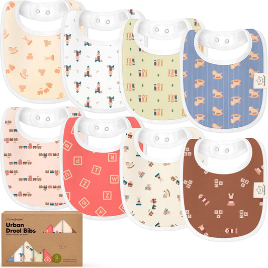 8-Pack Organic Baby Bibs for Boys, Girls - Soft Cotton Drooling and Teething Bibs for Baby Girl & Boy, Extra Absorbent, Easy to Clean & Put On for Toddler, Newborn, Infant 0-24 Months (Toy Land)