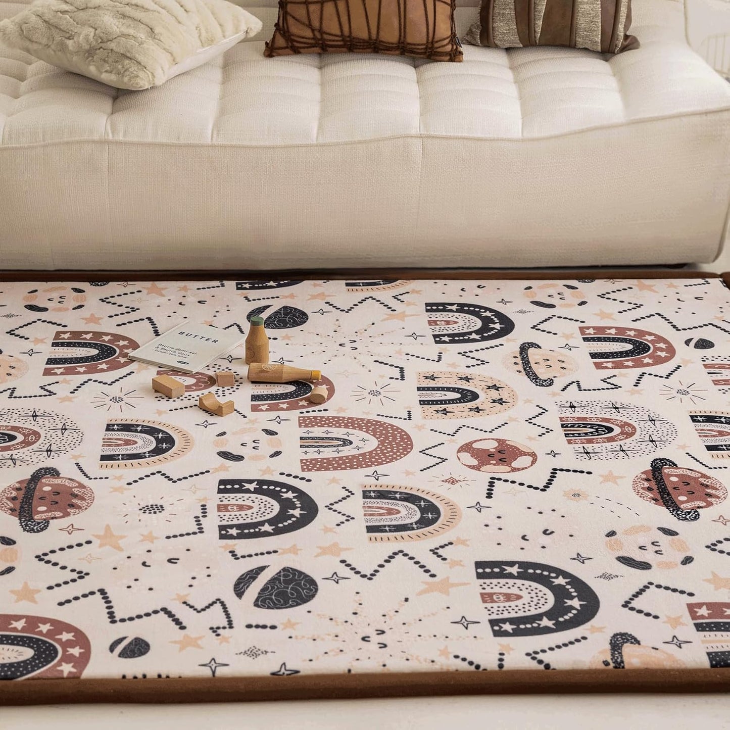 Loartee Rainbow Kids Play Mat - 1" Thick Baby Nursery Rug, Soft Crawling Mat for Toddlers and Tummy Time, Coral Velvet Memory Foam Rug, Brown, 50"x50"