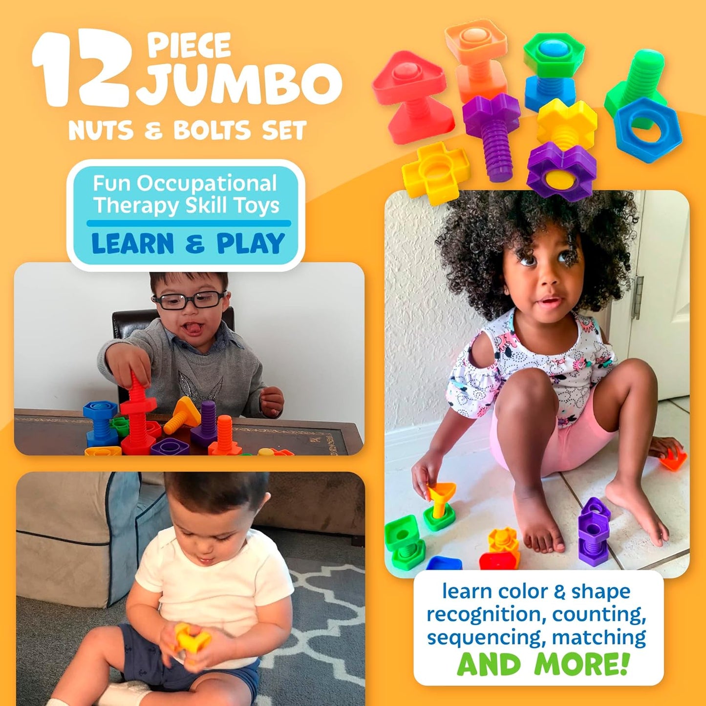 Skoolzy Rainbow Lacing Beads & Nuts and Bolts - 24 Piece Shape Sorter and 37 Piece Color Recognition Montessori Toy Sensory Bundle for 36+ Months Toddlers & Occupational Therapy Fine Motor Skills Game