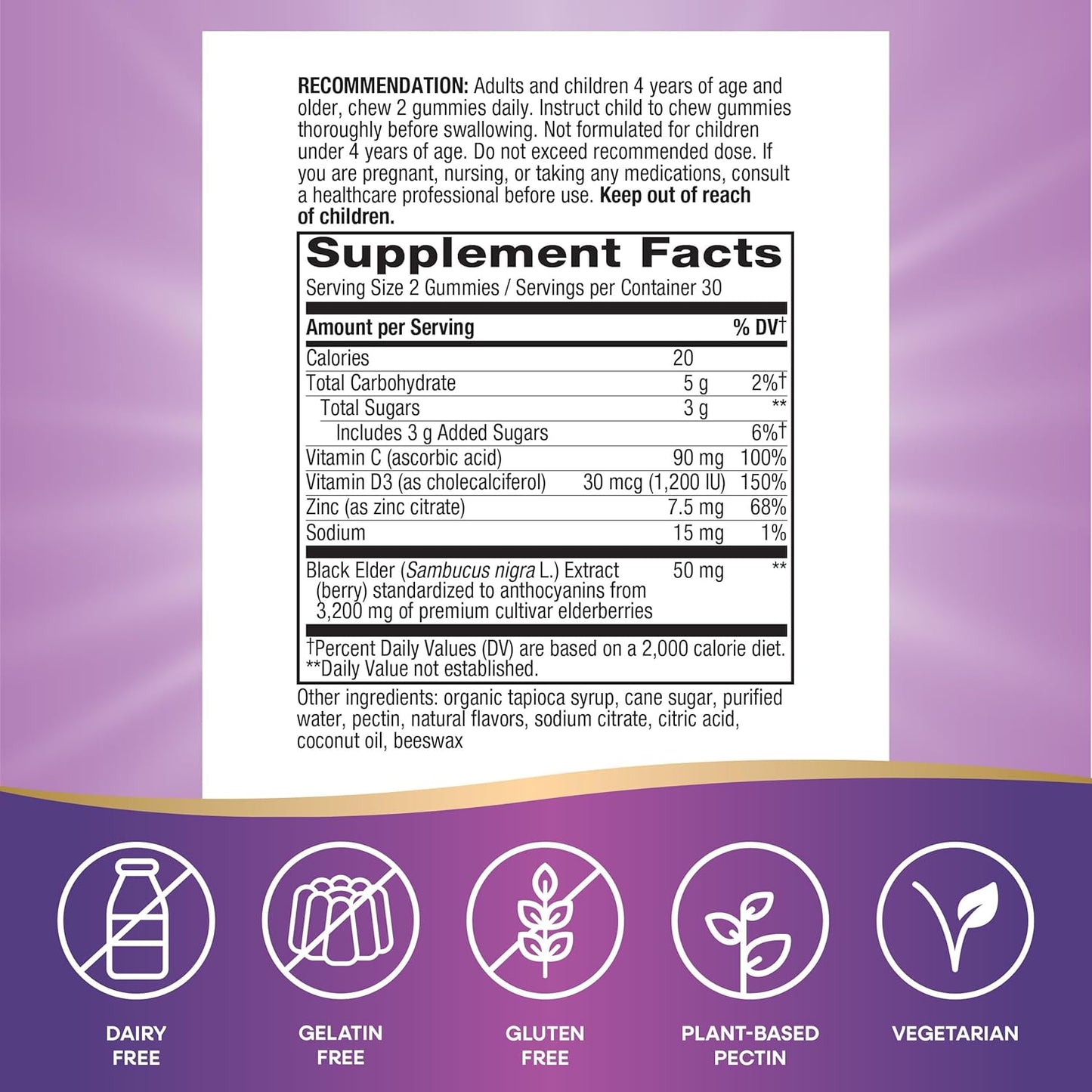 Nature's Way Sambucus Elderberry Immune Support Gummies for Kids & Adults* with Black Elderberry Extract, Vitamin C, Vitamin D3, and Zinc, 60 Gummies (Set of 3)