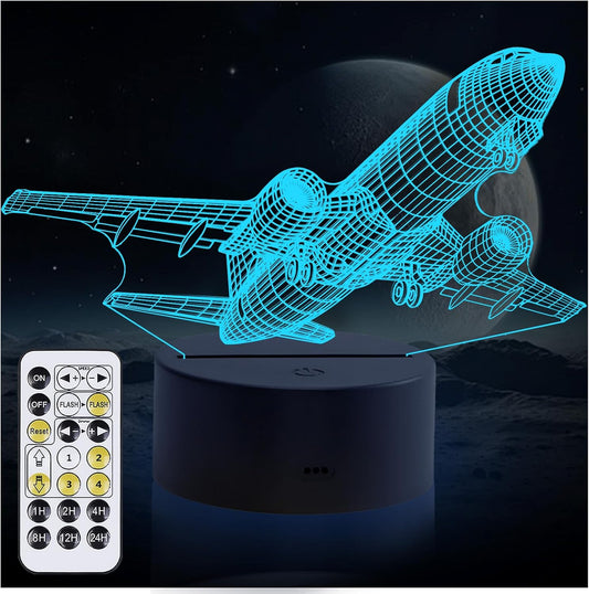 Airplane Night Light, 3D LED Illusion Night Lamp for Boys - Aircraft Themed Bedroom Lamps, Optical Illusion Lamp with Remote Control, Perfect for Kids' Room Décor, Cool Gifts for Airplane Lovers
