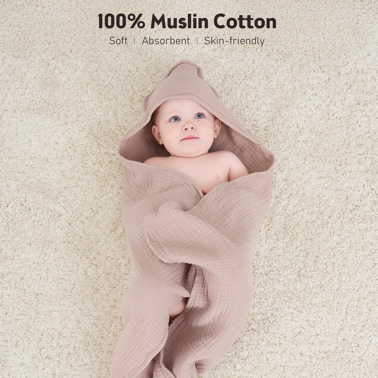 Susurration Hooded Baby Towels for Newborn 2 Pack 100% Muslin Cotton Towel for Babies，Highly Absorbent and Newborn Essential 30x30 Inch Cream&Sand