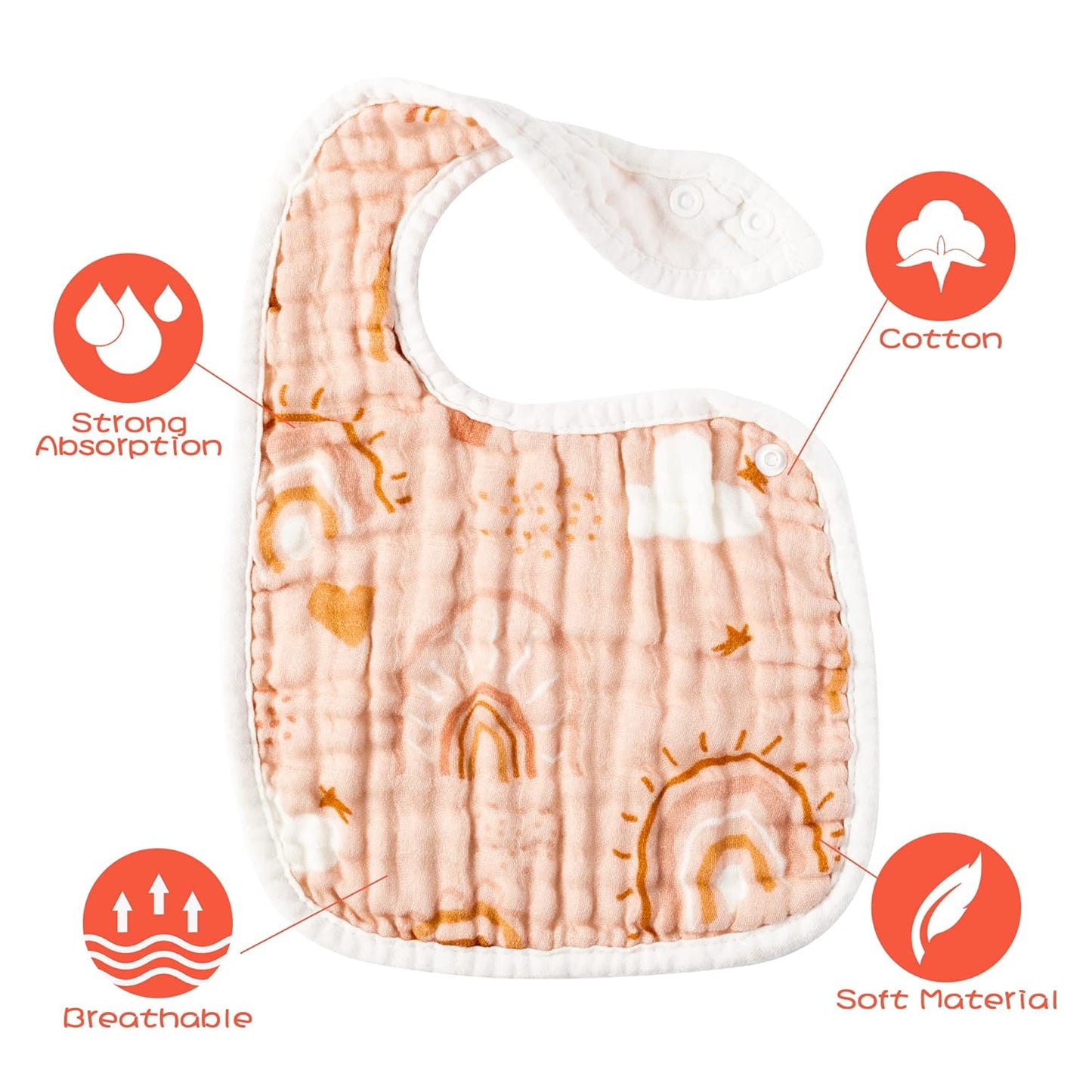 Zainpe 6Pcs Snap Muslin Cotton Bibs for Baby Rainbow Sun Star Adjustable Feeding Bib, Machine Washable Unisex Burp Cloths with 6 Absorbent Soft Layers for Infant Newborn Toddler Drooling Teething