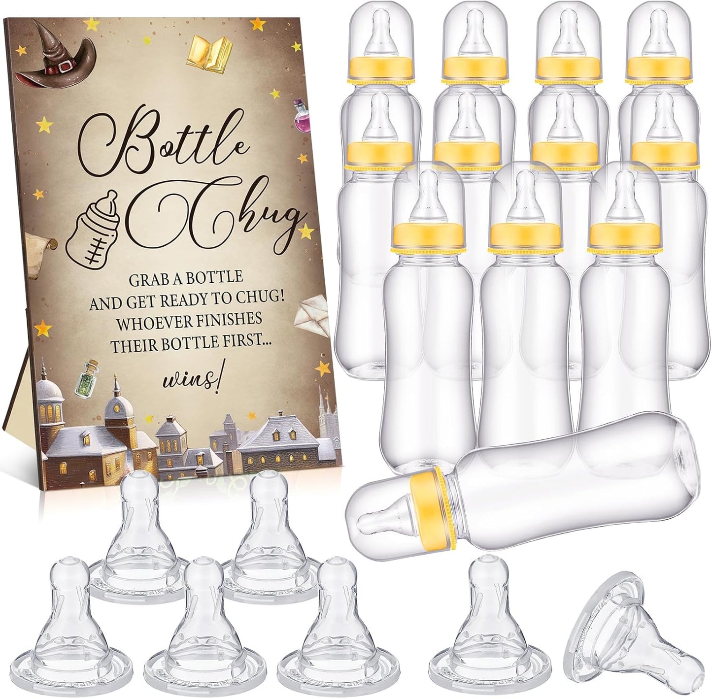 TrelaCo Cool Baby Shower Games Bottle Chug Sign and 12 Pcs Baby Bottle Shower Favor for Games Gender Reveal(Dark Color,Magical Wizard)