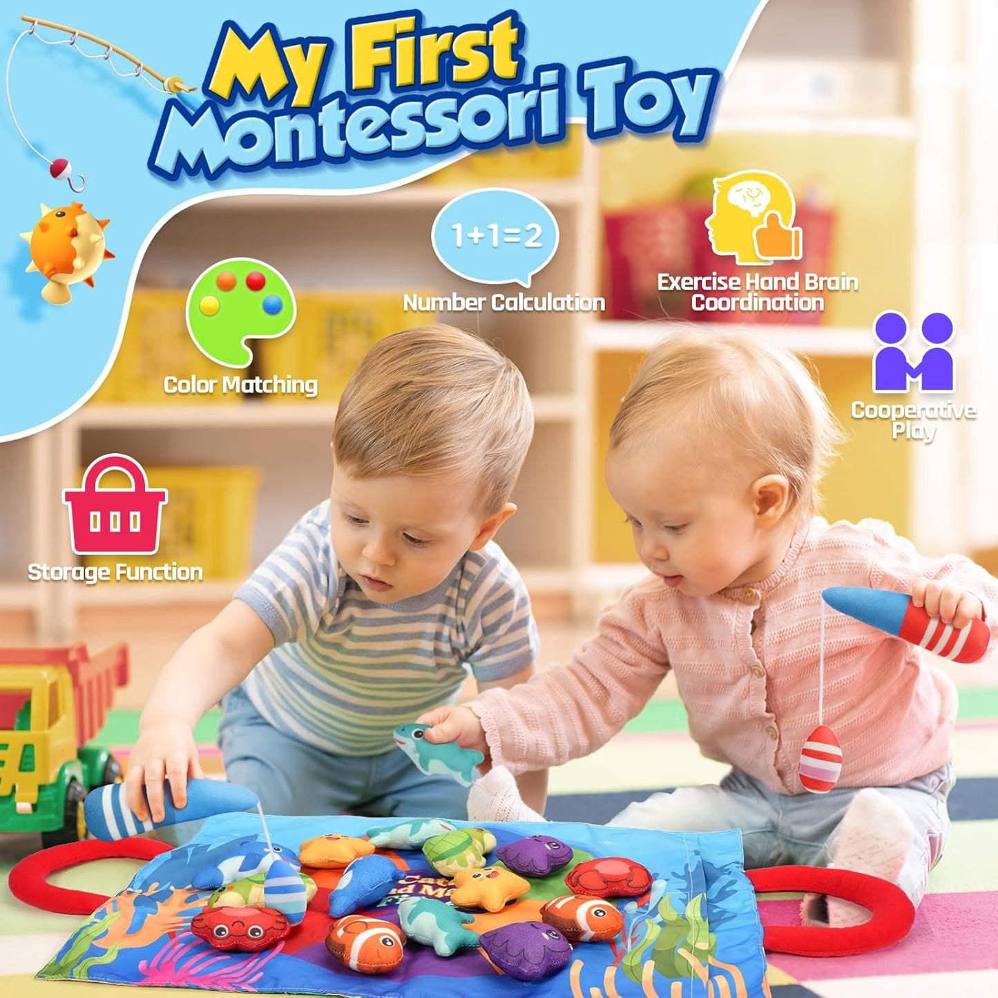 ZOOI Toddler Montessori Toys for 1-3 Year Old, 24PCS Cloth Fishing Game with Stacking Cups for Hand-Brain Coordination, Sensory Baby Toys 6-12 Months, 1-3 Year Old Girl Boy Birthday Gifts
