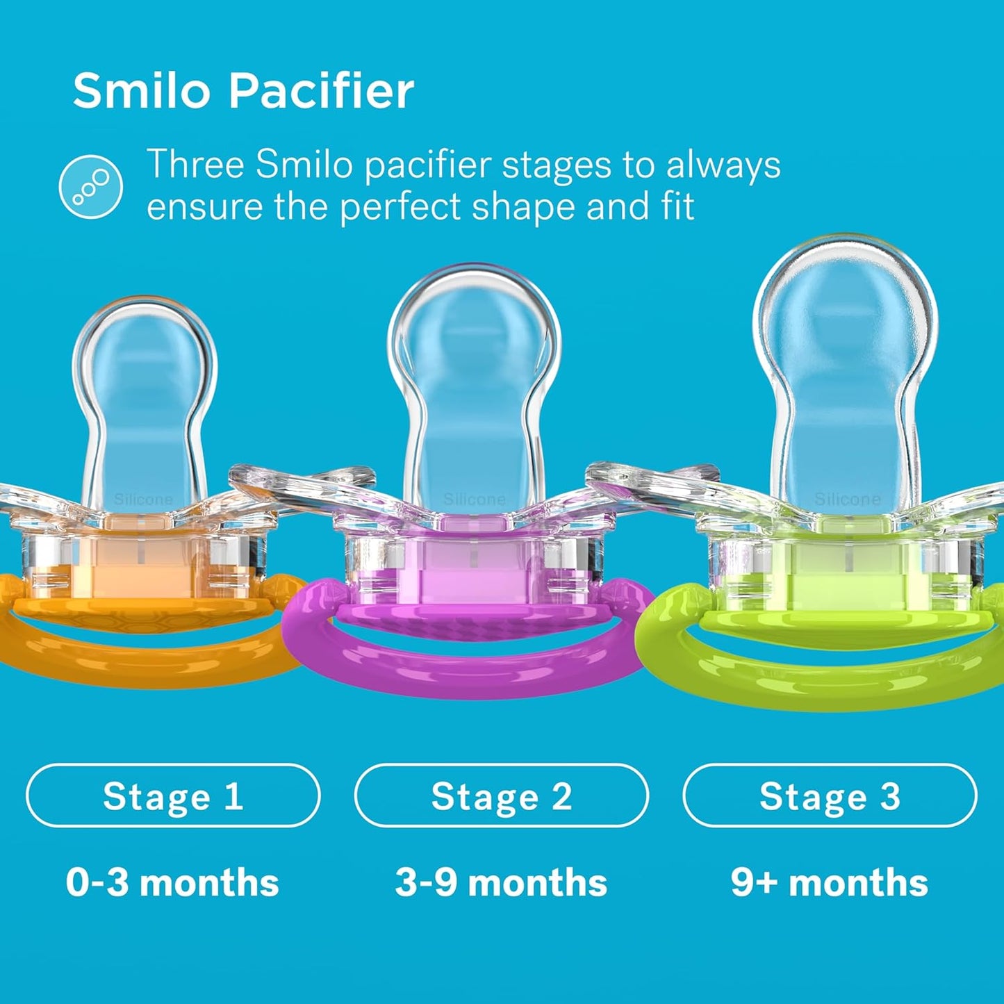 Smilo Baby Pacifier with Orthodontic Design for Healthy Dental Development - Stage 1 for Babies 0-3 Months - Pack of 3X 100% Silicone Newborn Pacifiers BPA Free - Aqua Blue