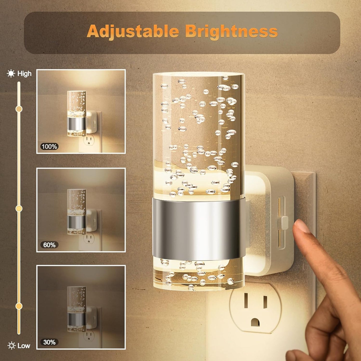 JandCase Night Light, Night Lights Plug into Wall,2 Pack 3000K Warm White LED Nightlight with Adjustable Brightness, Automatic Night Light Plug in with Light Sensor for Bathroom Hallway Room Decor