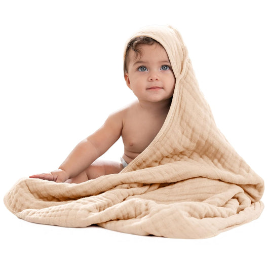 Comfy Cubs Hooded Baby Towel 1-Pack, Large 32 x 32 Inch - 6 Layer 100% Muslin Cotton for Babies, Toddlers and Kids - Soft & Absorbent Baby Bath Towels - Unisex Design for Bath Time - Cream