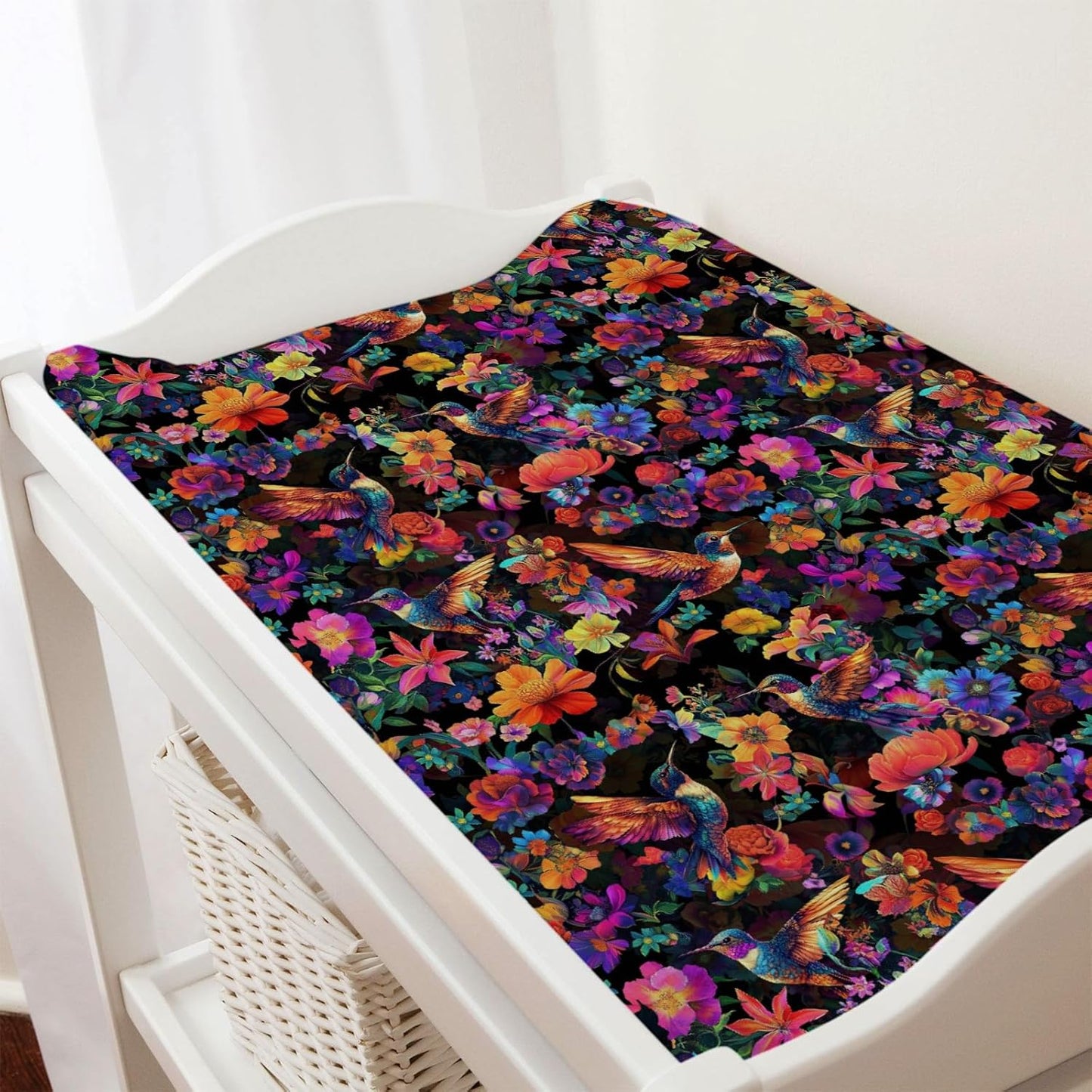 Colorful Hummingbirds Flowers Baby Changing Pad Covers Boy Girl 32''x16'' Spring Birds Blossom Garden Fitted Diaper Change Table Mats Animals Floral Soft Breathable Nursery Cradle & Bassinet Sheets