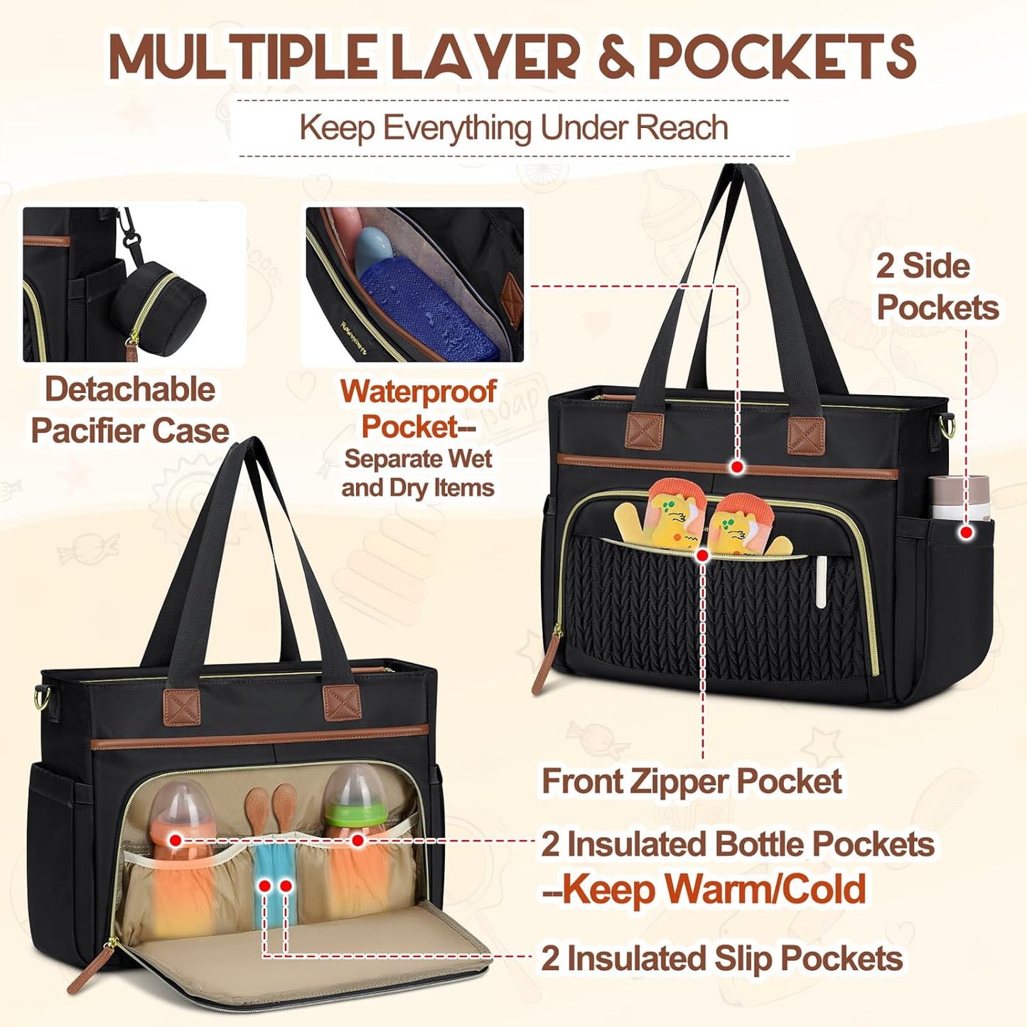 RAINSMORE Diaper Bag Tote, Large Diaper Baby Bag Waterproof Multifunctional Diaper Bag with Pacifier Case & Changing Pad