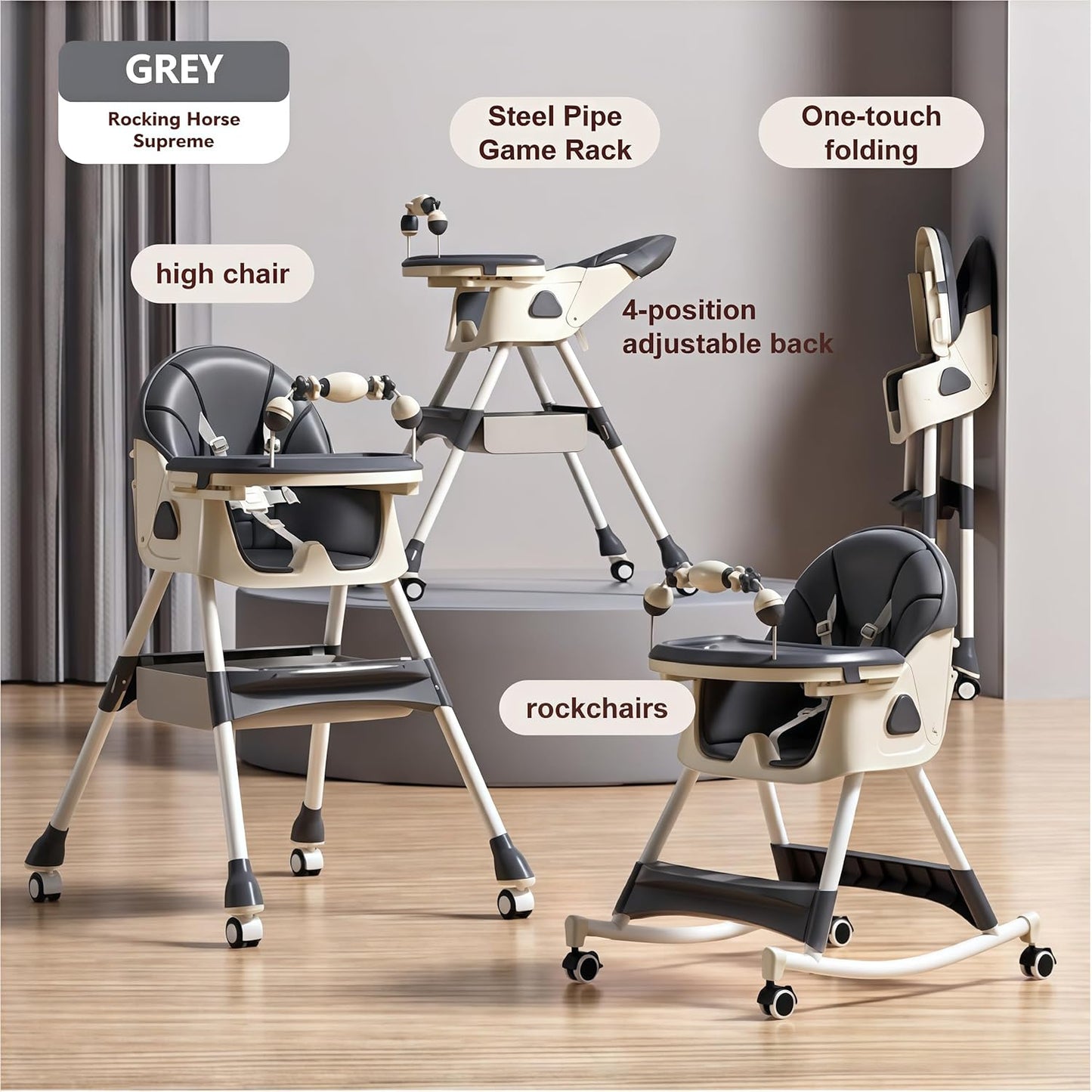 PU Leather Baby High Chairs with Rocking Mode, Foldable Multi-Functional Baby Eating Chair with Adjustable Backrests and Heights, High Chair with Wheels and Double Trays（560 Grey）