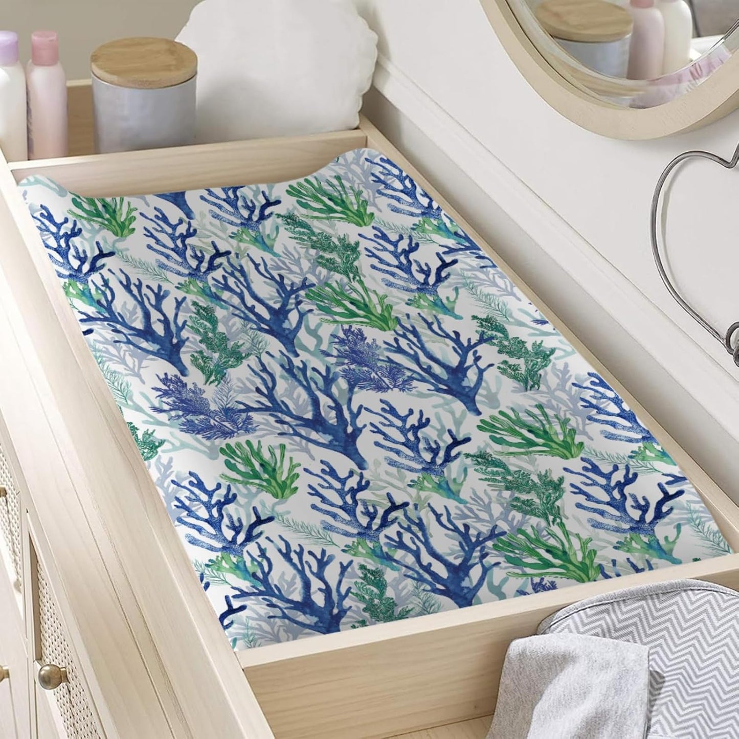 Blue Green Coral Reef Baby Changing Pad Covers for Boy Girl 32''x16'' Nautical Watercolor Coastal Fitted Diaper Change Table Sheets Beach Summer Sea Soft Breathable Nursery Baby Changing Table Mats
