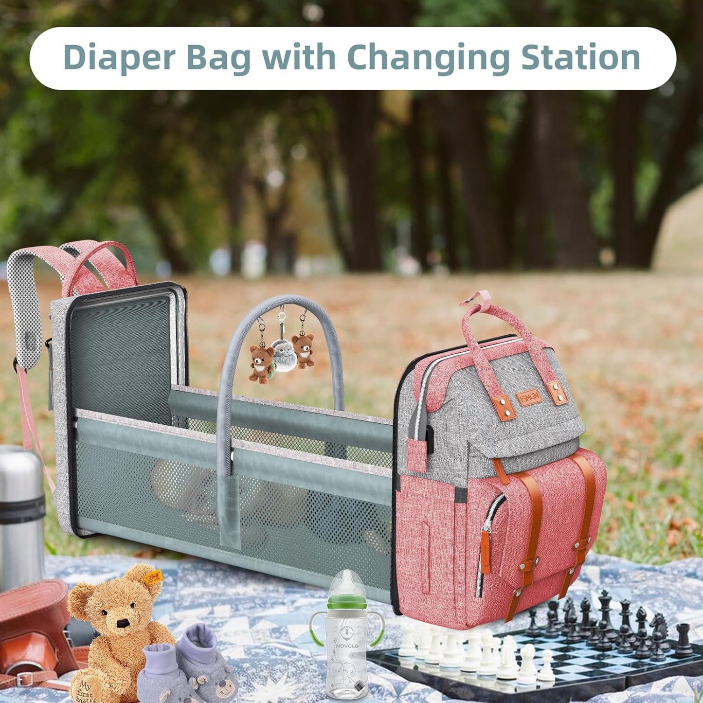 Diaper Bag Backpack with Changing Station, Large Diaper Bag, Baby Bag, Multifunctional Diaper Bag, Pinkgray