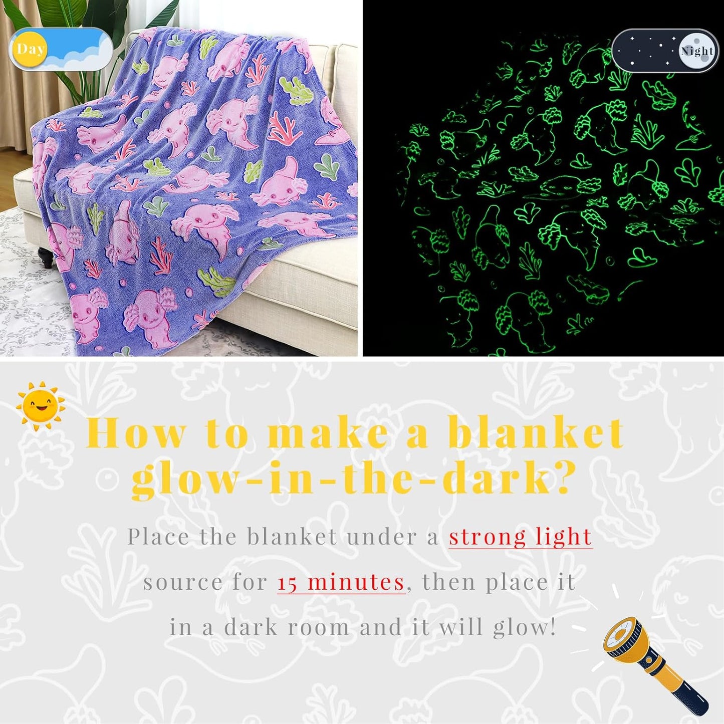 Pink Axolotl Gifts Toys for Girls Axolotl Blanket Glow in The Dark Axolotls Birthday Decorations Cute Kids Throw for Girls Salamander 40"x50"
