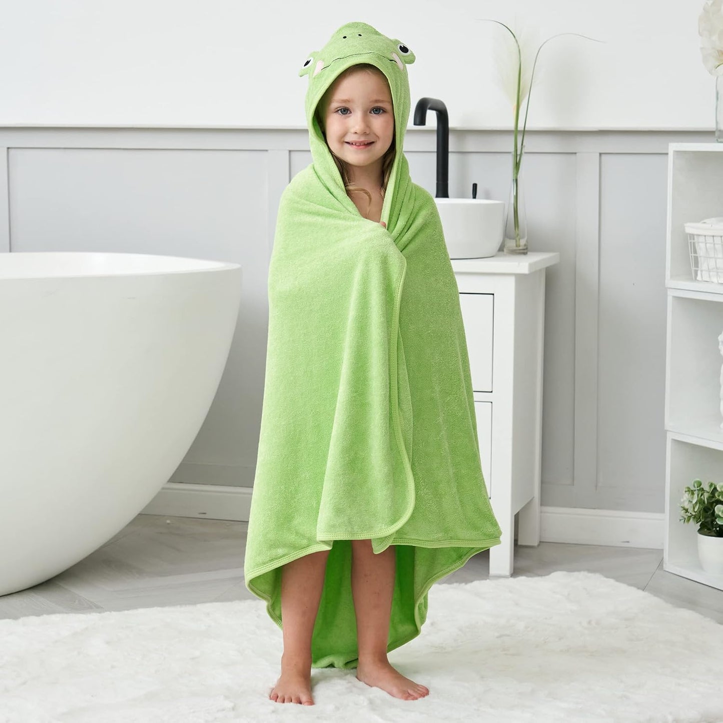 HIPHOP PANDA Hooded Towel - Rayon Made from Bamboo, Bath Towel with Bear Ears for Newborn, Babie, Toddler, Infant - Absorbent Large Baby Towel - Frog, 37.5 x 37.5 Inch