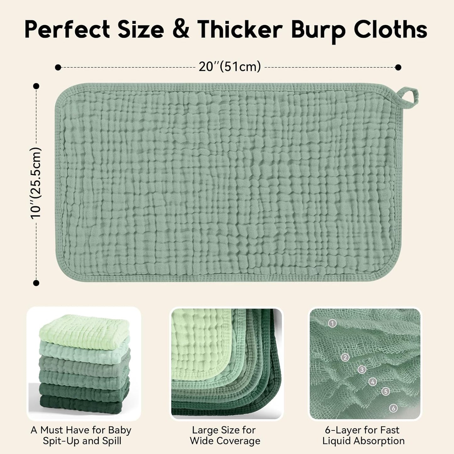 Muslin Burp Cloths for Baby 100% Cotton Burping Cloths for Boys Girls Large 20''X10'' Extra Soft and Absorbent 12 Pack - Gradient Green