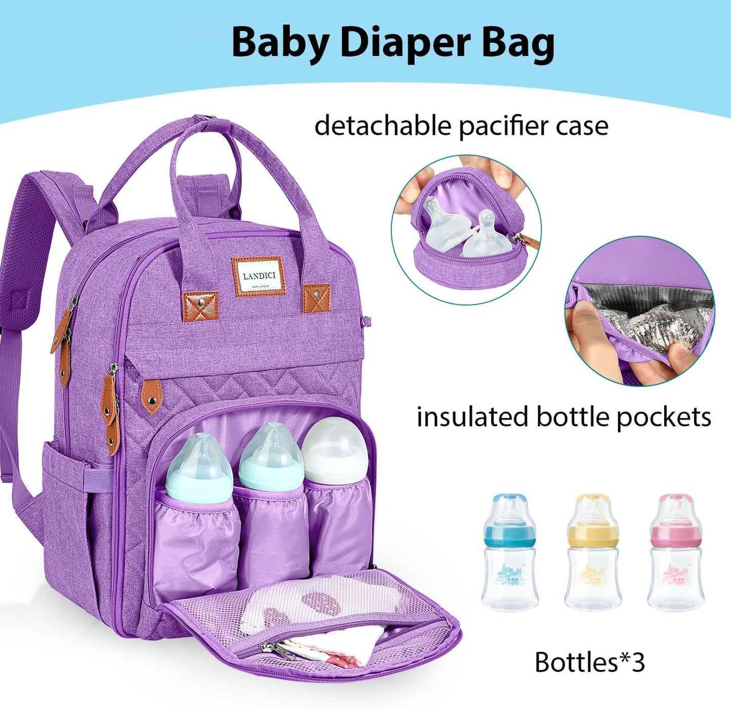 LANDICI Diaper Bag Backpack, Multifunction Baby Diaper Bags with Changing Pad, Stroller Straps & Pacifier Case, Travel Essentials Back Pack for Mom Dad Boy Girl, Large Capacity, Waterproof, Lavender