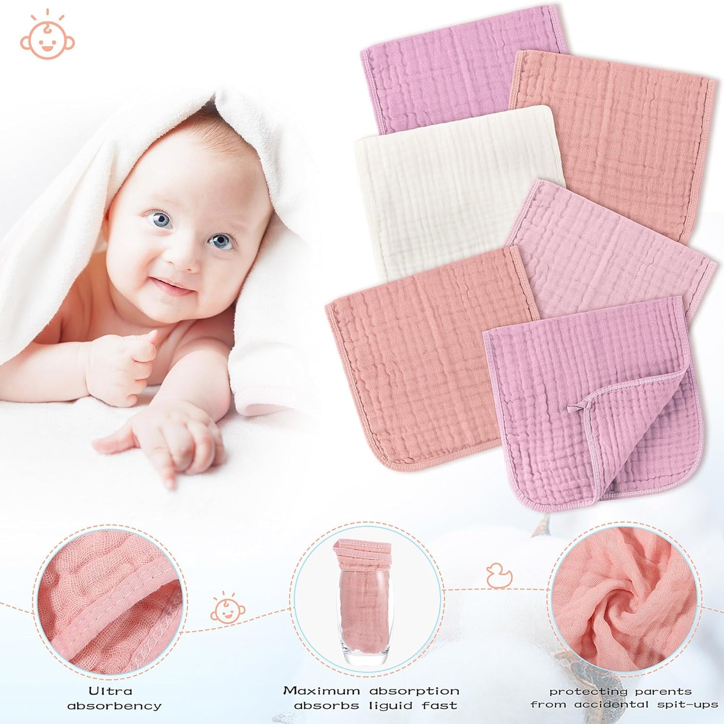 Buryeah Muslin 20 Pcs Burp Cloths Large 20" x 10" 100% Cotton 6 Layers Ultra Absorbent and Soft Hand Washcloths for Baby Drool and Messes Gentle Burp Cloth for Boys & Girls(Sweet Colors)