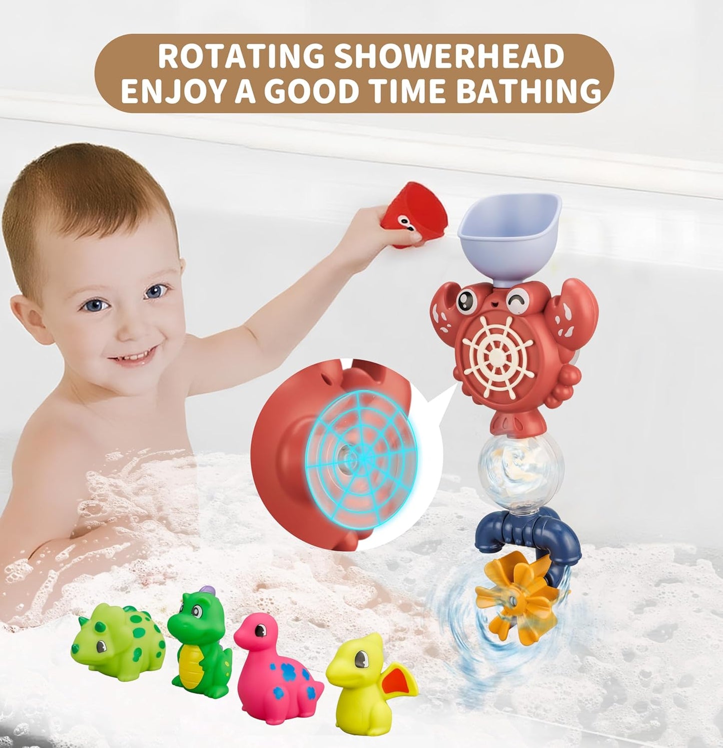 Bath Toys Set, Toddlers Bath Toys 1-3, Kid Bathtub Toy with 4pcs Dinosaur Water Spray, Fishing Games with Fish Net, Water Pool Toy , Shower Toy Gift for Boy Girl Infant