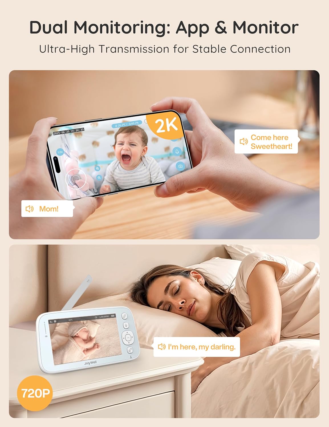 2K Baby Monitor with Camera and Audio, 5" Display Wifi Baby Monitor with App Control, Motion & Cry Detection, Night Vision, VOX, Real-Time Record, Temper Sensor, 2-Way Talk, RGB Night Light, Lullabies