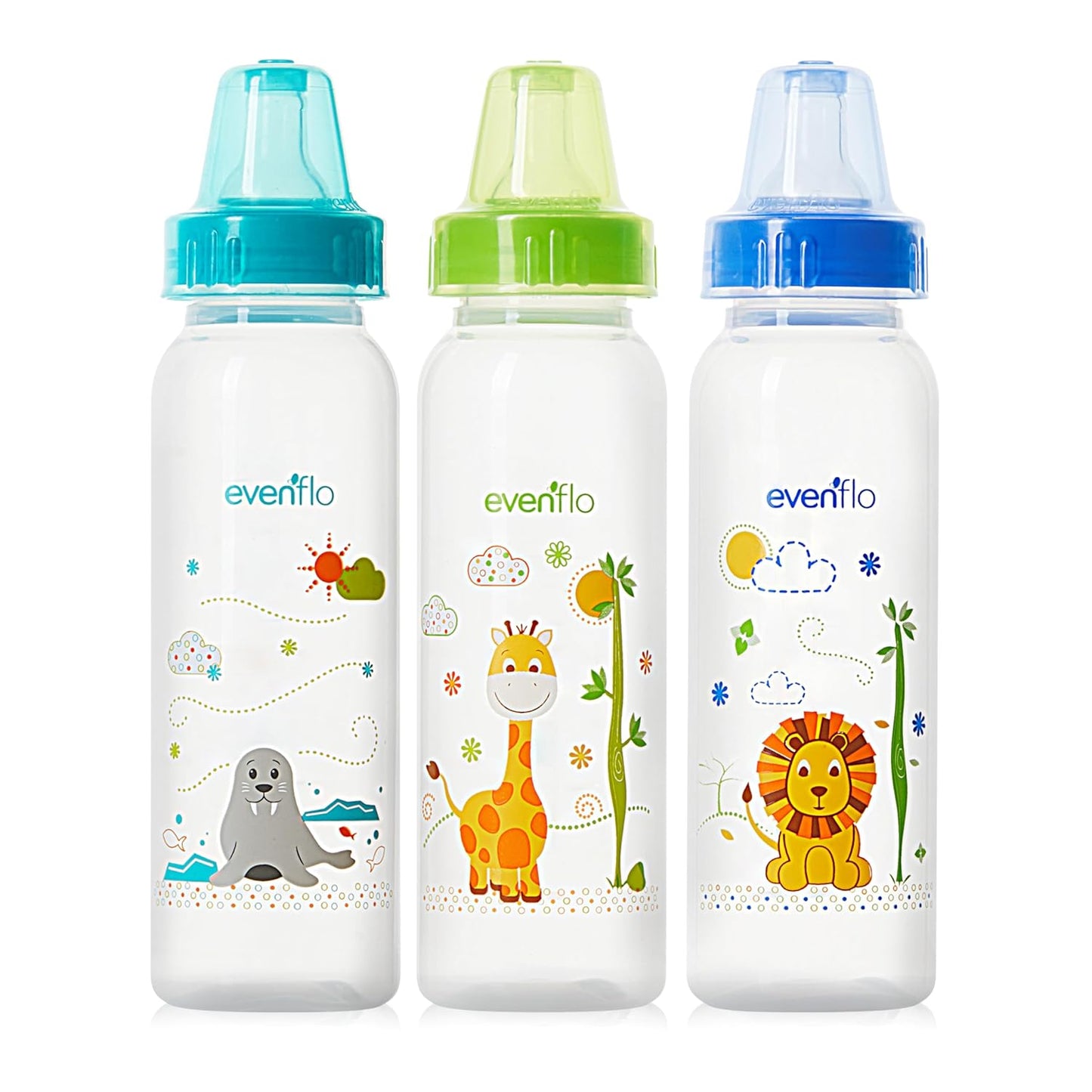 Evenflo Feeding Classic Prints Polypropylene Bottles for Baby, Infant and Newborn - Blue/Green/Teal, 8 Ounce (Pack of 36)