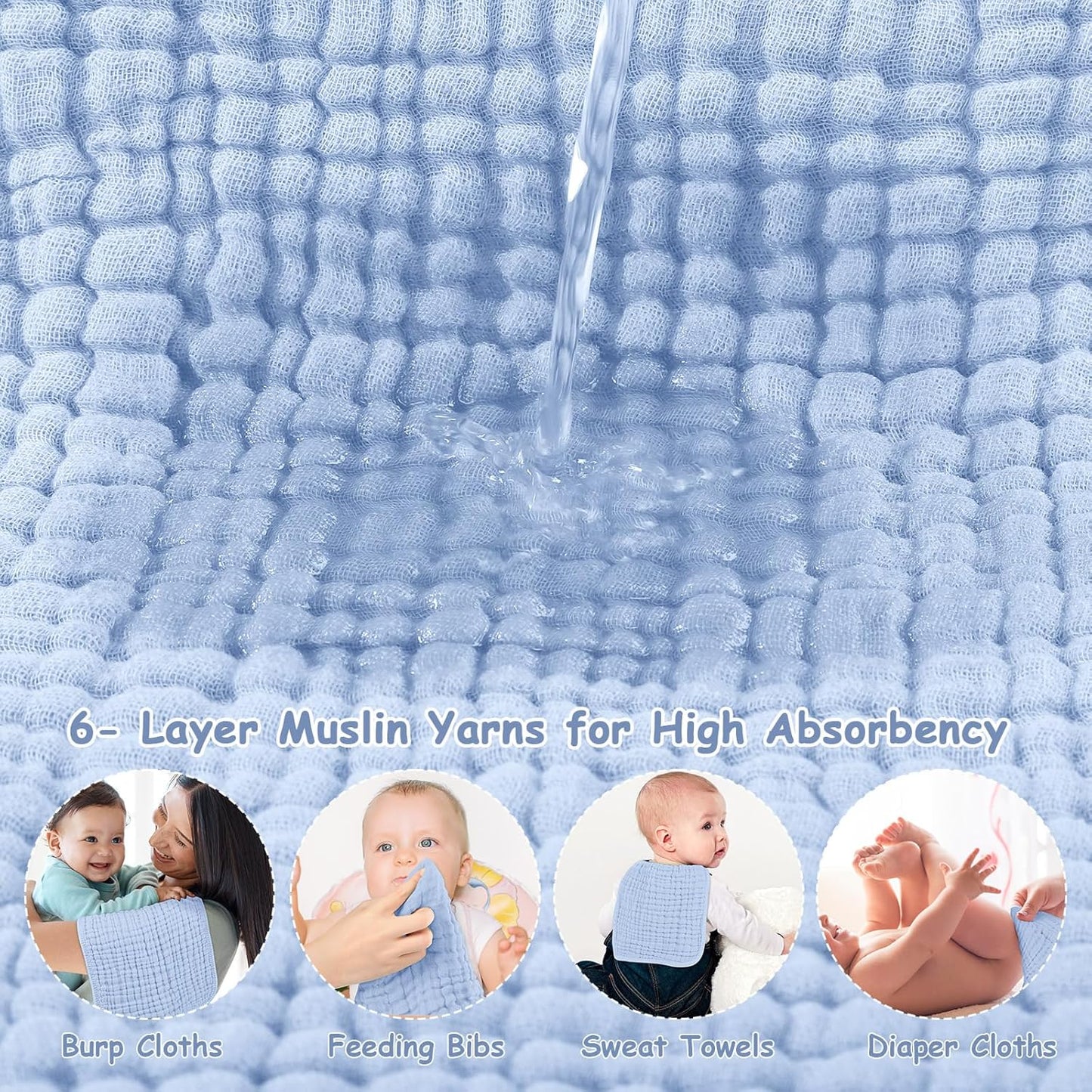 Looxii Muslin Burp Cloths 100% Cotton Muslin Cloths Large 20''x10'' Extra Soft and Absorbent 6 Pack Baby Burping Cloth for Boys and Girls (Blue)