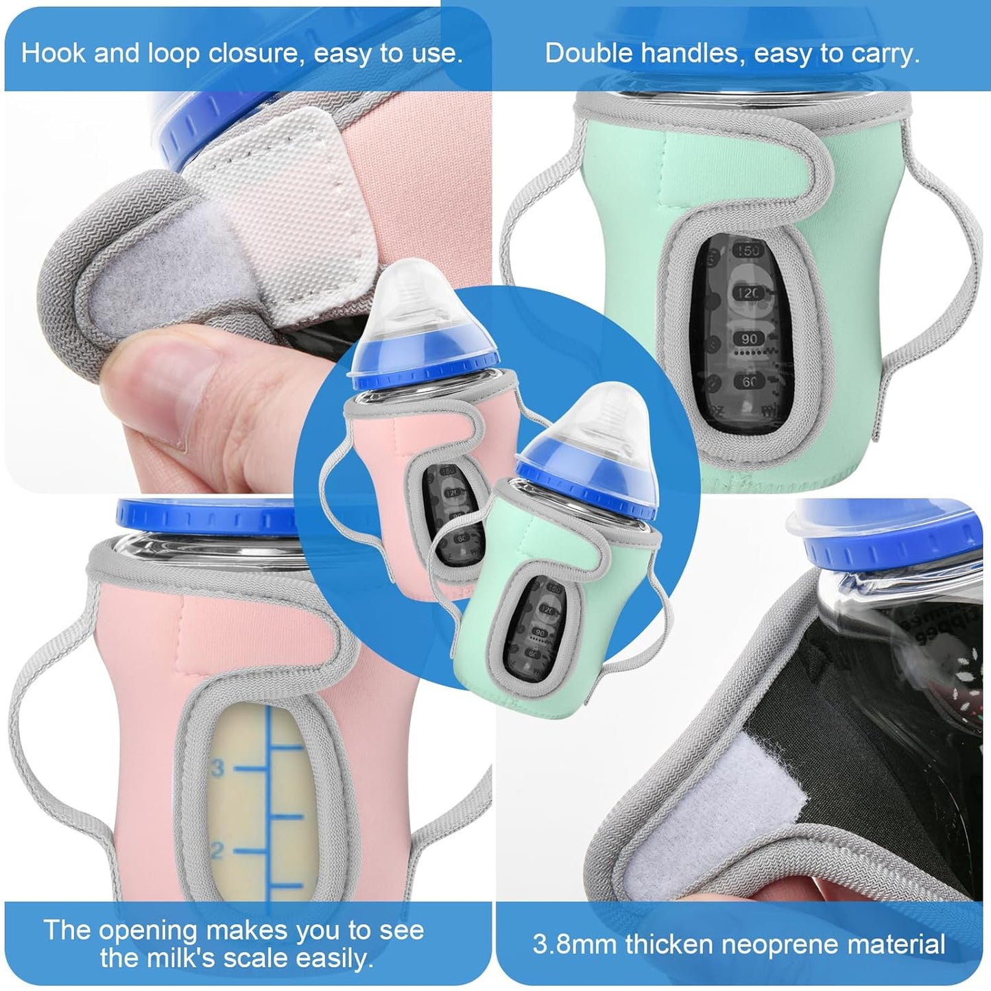 Beautyflier Glass Baby Bottle Sleeve Covers for 9oz Nature Baby Bottles with Dual Handle, 3.8mm Thicken Heat and Cold Retention Baby Bottle Sleeve (Pink+Green)
