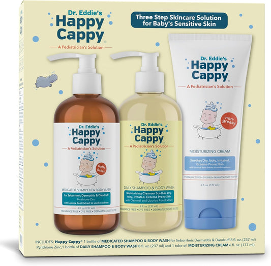 Happy Cappy Three Step Skincare Solution Bundle- Baby Dandruff Shampoo, Eczema Body Wash and Lotion for Kids & Toddlers, Moisturizing Cream, Reduces Itching, Dermatologist Tested, Fragrance-Free
