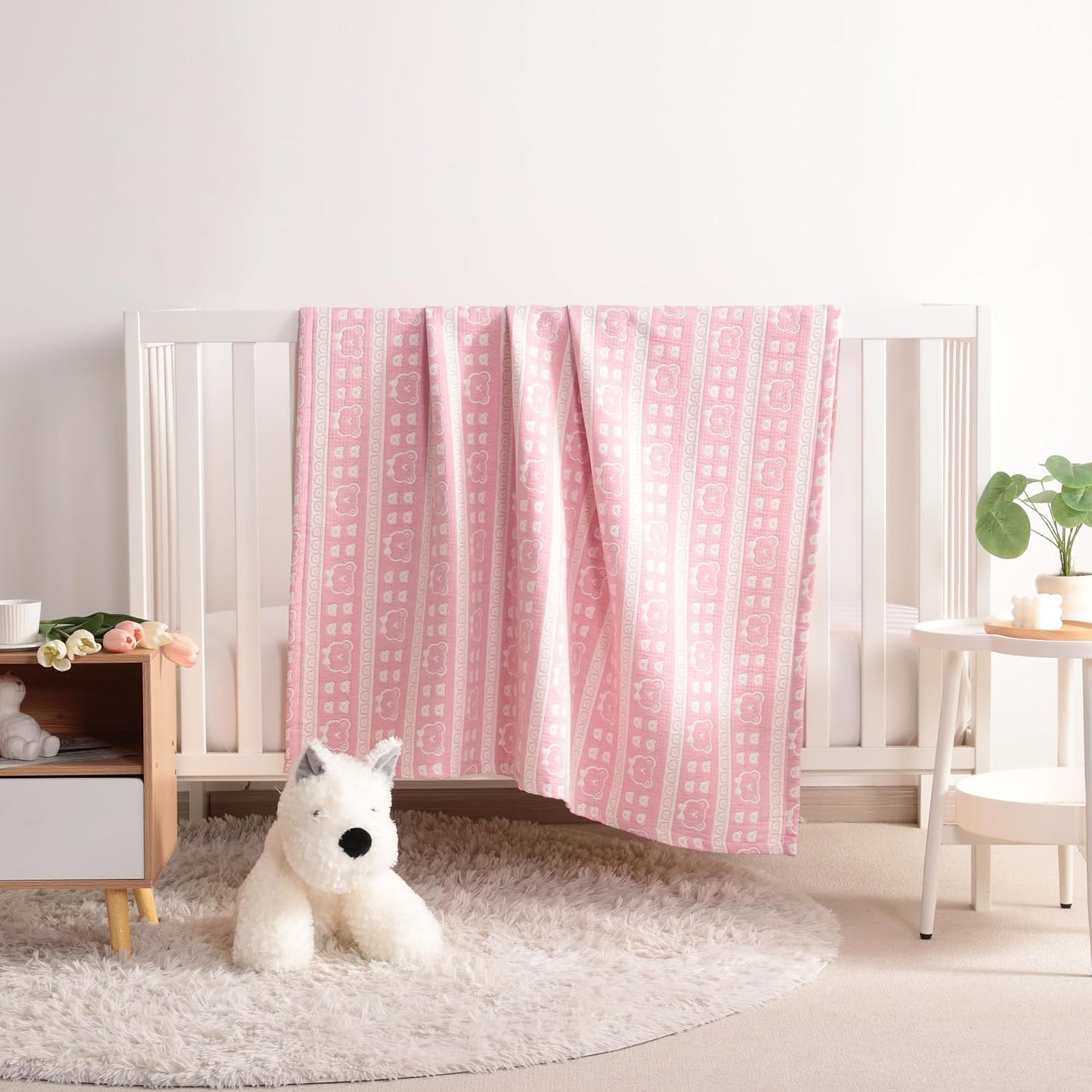 NTBAY 3 Layer Muslin Cotton Toddler Blanket, Jacquard Reversible Nursery Bed Blanket, Super Soft and Thermal for All Seasons, Decoration Gift, 30"x40", Pink Bear