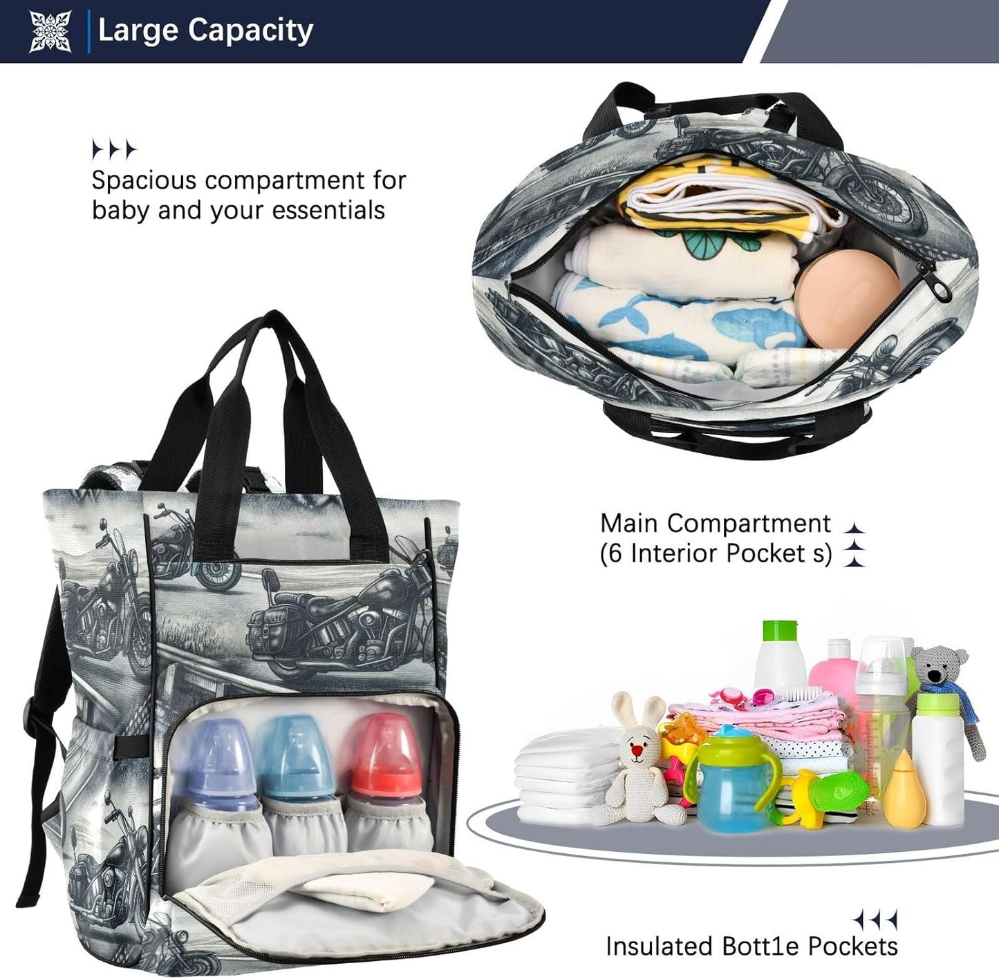 High Way Motorcycles Diaper Bag Backpack, Unisex Travel Baby Backpack Diaper Bags with Stroller Straps & Pacifier Case, Large Capacity Waterproof Diaper Backpack