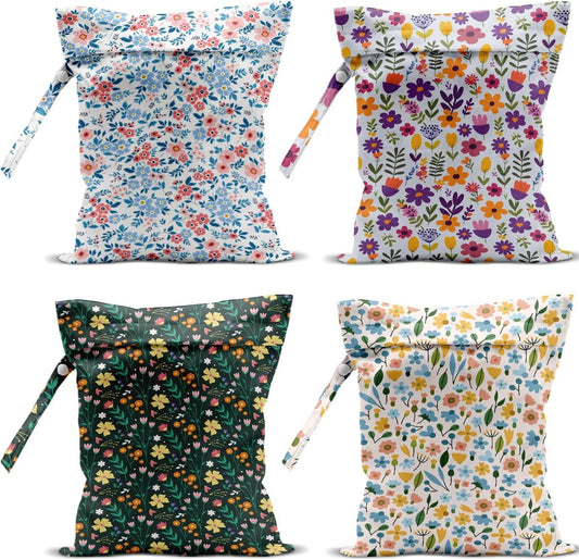 4 Pack Cute Wet Bag Waterproof Washable Reusable Wet Dry Bag for Swimsuit Dirty Clothes Diaper Travel Beach Pool Gym Christmas Bachelorette Party Toiletries Essentials，Colorful Floral Wildflower