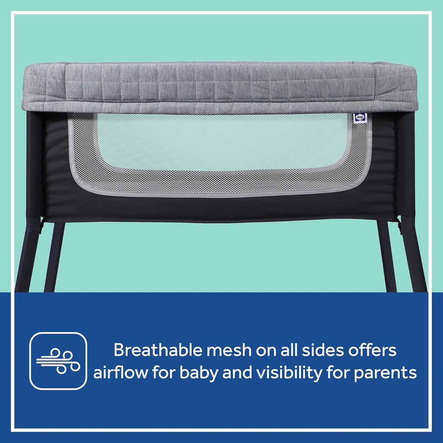 SEALY BABY Cozy Soft Breathable Bassinet & Bedside Sleeper Bed, Lightweight Airy Mesh Newborn Crib, Safe & Comfortable for Room Sharing, Storage Pocket, Tool-Free Assembly