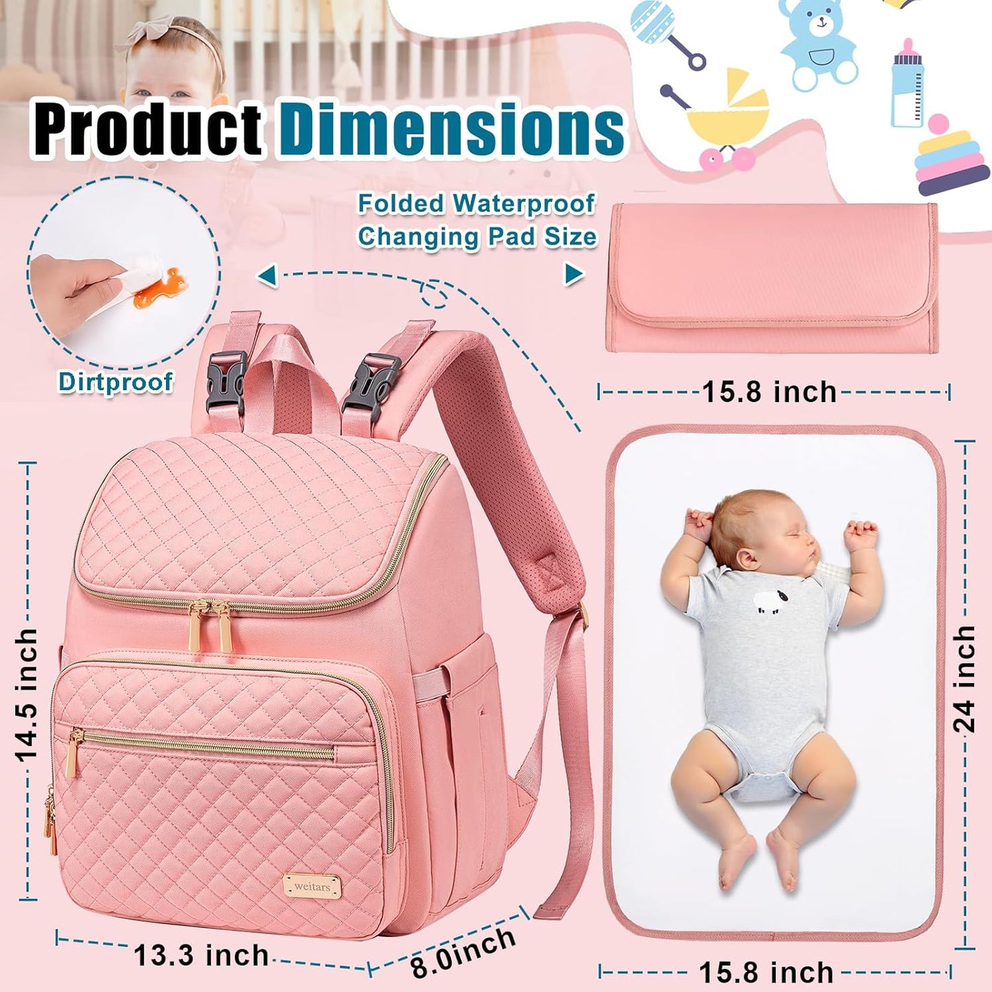 Weitars Diaper Bag Backpack Large Baby Diaper Bag with Changing Pad Travel Diaper Backpack,Baby Bag for Boys Girls,Stroller Straps,5 Insulated Pockets (Pink)
