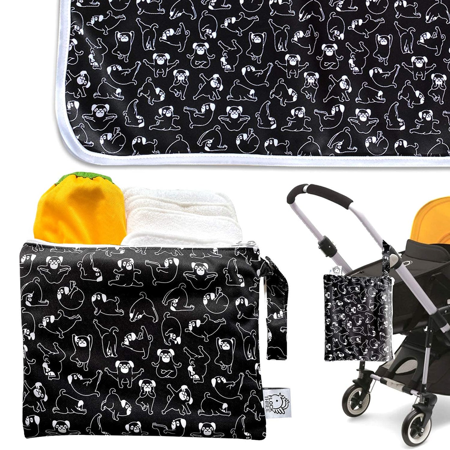 Flock Three Waterproof Baby Diaper Changing Pad with Storage Bag (43.3" X 28.7") Washable Wipeable Reusable Leak Proof Diaper Travel Mat Station Changing Mattress Liner Cribs Bed Cover, Dogs