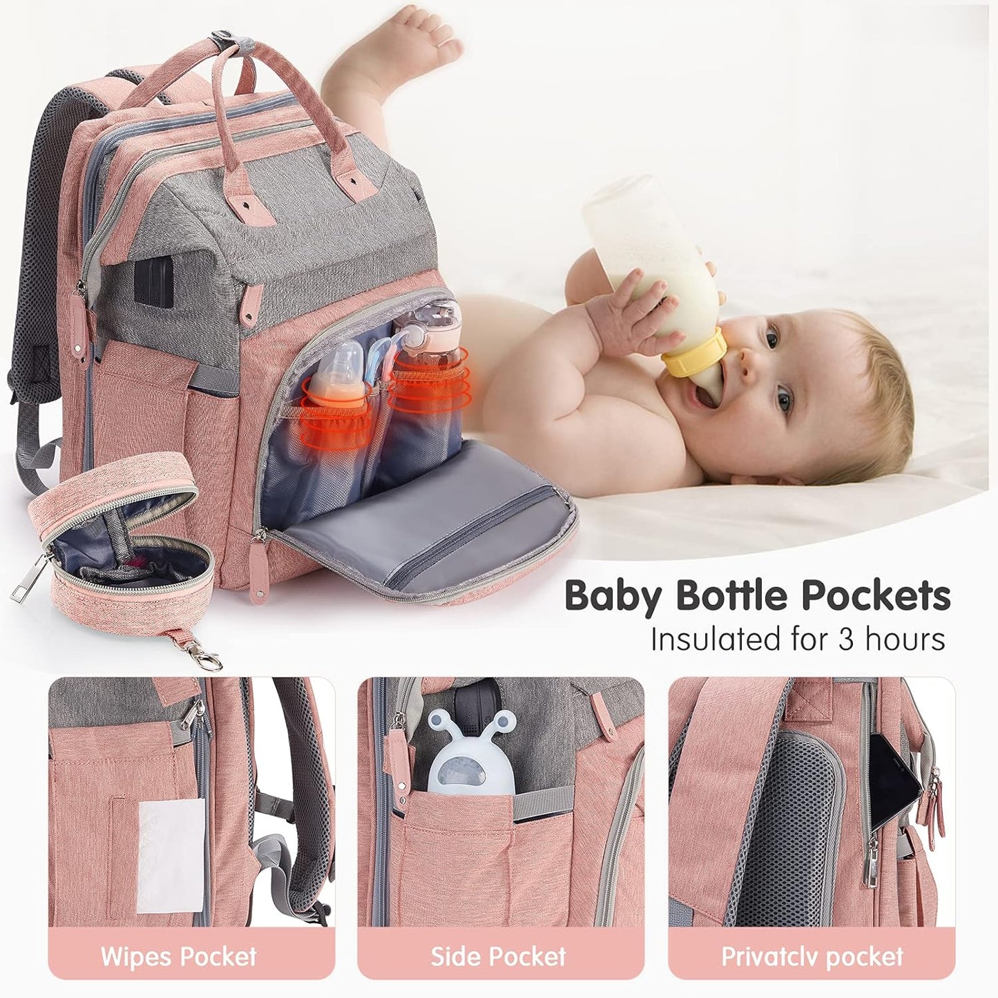 DERJUNSTAR Baby Diaper Bag Backpack with ChangingStation-Large Capacity Baby Bag for Boys & Girls, USBCharging Port, Pacifier Case, sunshade & Toy Bar,Waterproof, Baby Pink