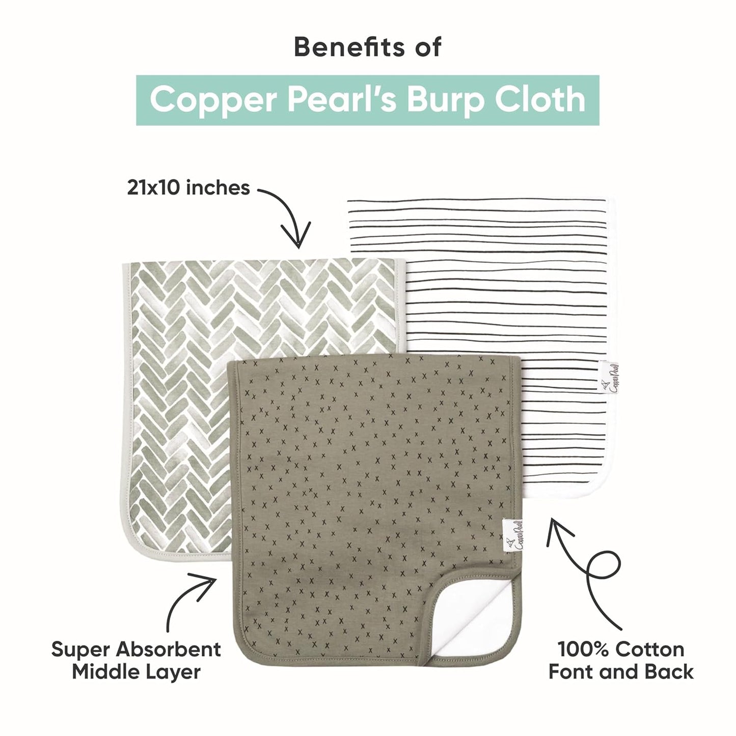 Copper Pearl Baby Burp Cloth Large 21''x10'' Size Premium Absorbent Triple Layer 3-Pack Gift Set “Westyn