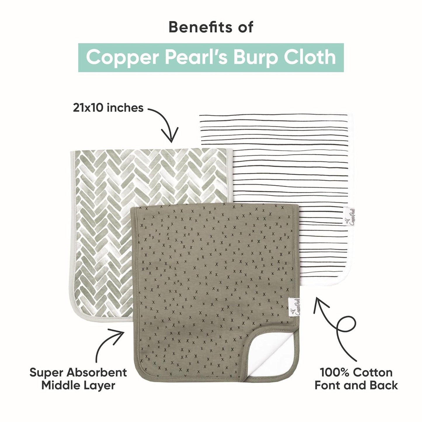 Copper Pearl Premium Baby Burp Cloths - 3-Pack Large Cotton Burp Cloths, Extra Soft Spit Up Rags with 3 Absorbent Layers, Perfect for Baby Boy and Baby Girl Gifts (21" x 10" Size, Santa Fe Set)