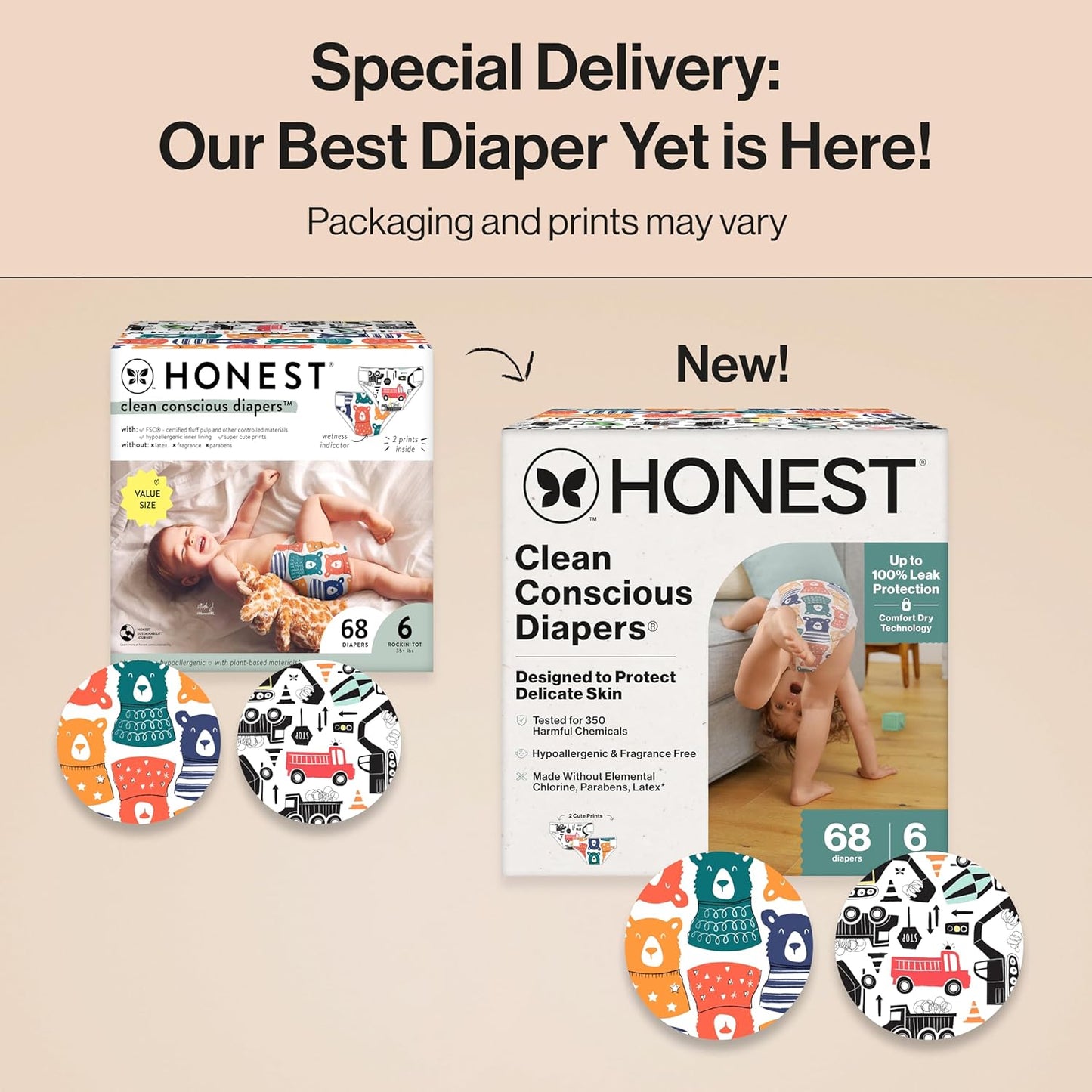 The Honest Company Clean Conscious Diapers for Sensitive Skin, Up to 100% Leakproof Hypoallergenic Fragrance-Free Baby Diapers, Gender Neutral Prints, Super Club Box, Size 6 (35+ lbs), 68 Count