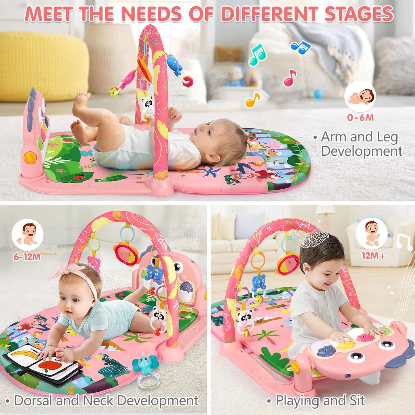 UMIKU Baby Play Mat Baby Tummy Time Mat Infant Newborn Musical Activity Center with High-Contrast Piano Music & Light Newborn Babies Gift for Girl Boy Babies 0-6 6-12 Month Pink Dinosaur