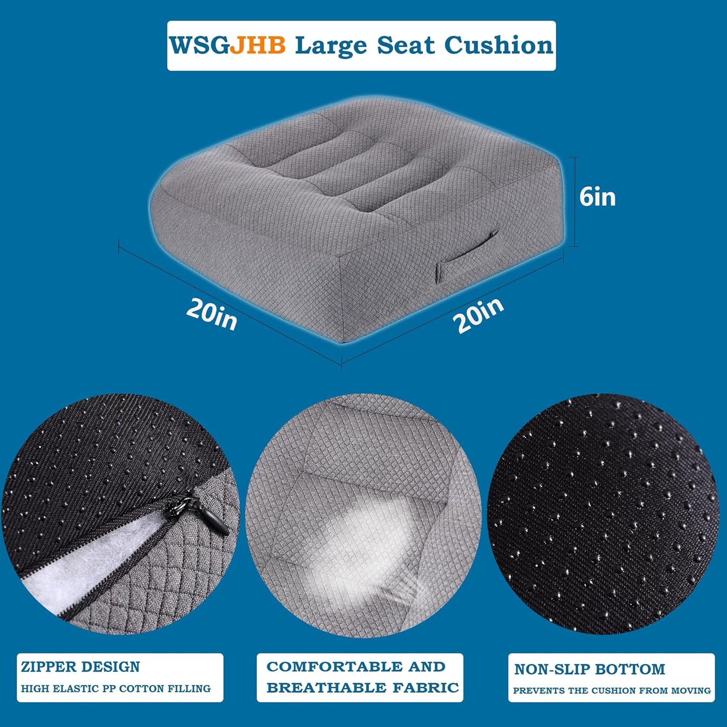 WSGJHB Large Seat Cushion, Extra Thick Booster Seat Cushions for Office Chairs Long Sitting Office Workers, Car Drivers, Relieves Back Pain, Breathable, Anti-Slip, 20x20x6 inchs, Gray