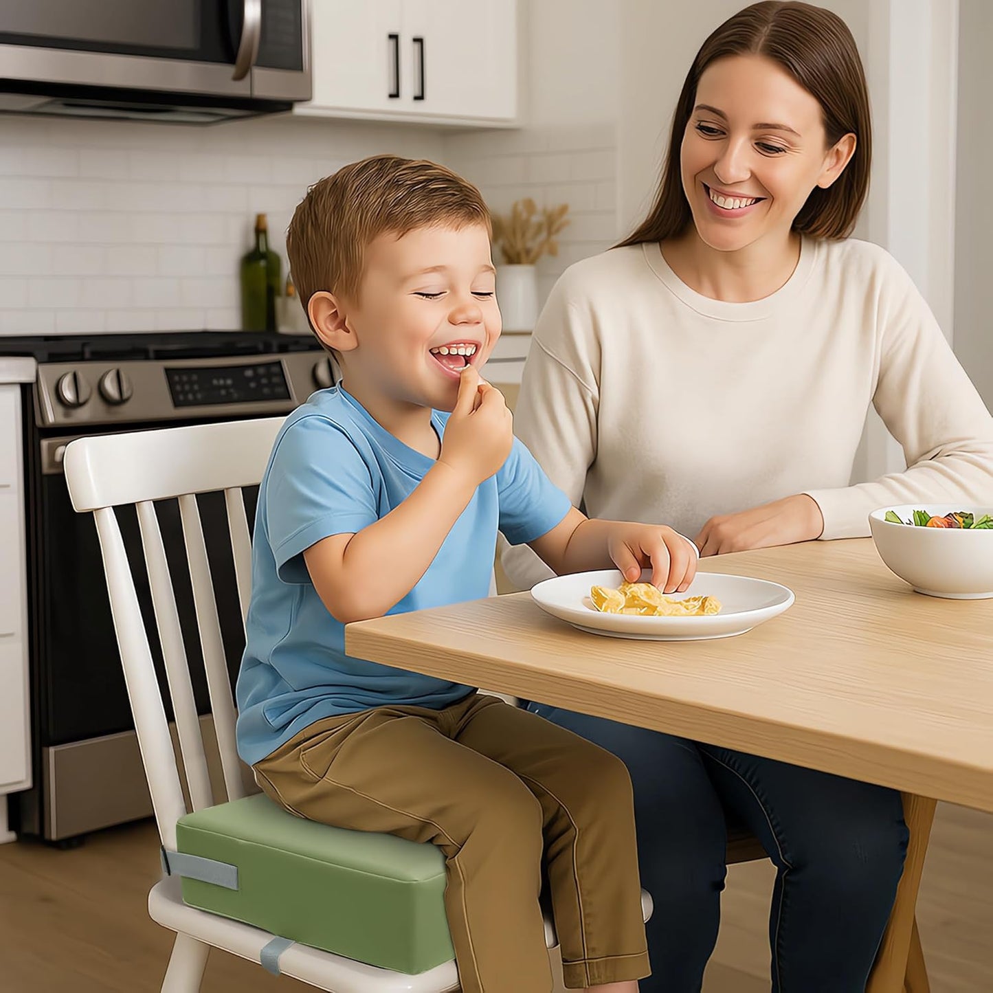 Toddler Booster Seat for Dining Table, 2 Elastic Seat Belts,Anti Scratch PU Skin-Friendly, Waterproof,Anti-Wrinkle, Detachable Non-Slip Bottom - Green